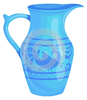 Old clay jug. Blue ceramic cartoon pitcher