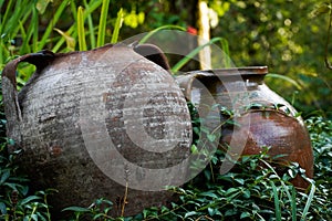 old clay pots on a green background placed in the garden for decoration