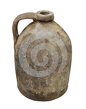 Old clay pottery jug isolated.