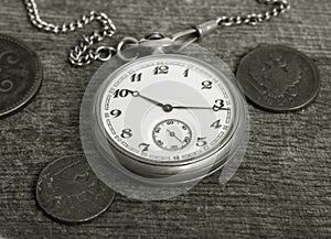 Old clock and coins