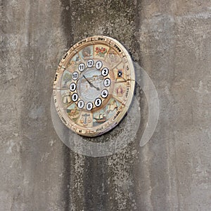 Old clock face shows time signs zodiac on western wall city Jerusalem