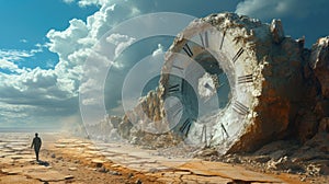 Old clock and lonely person in desert, surreal scene with vintage dial and man on landscape background. Concept of time, art,