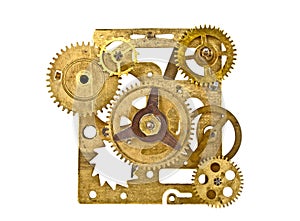 Old clock mechanism with gears isolated on white background