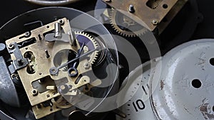 Old clock mechanism working, closeup shot with soft focus. Vintage Watch Gears Movement.