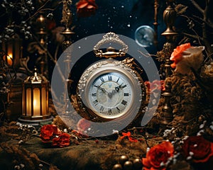 an old clock sits on a table surrounded by flowers and candles