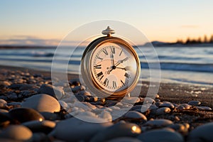 an old clock sitting on the beach with the sun setting in the background