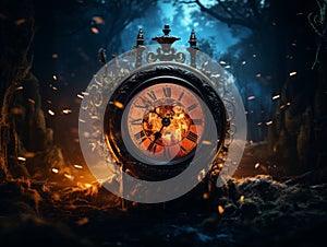 an old clock sitting in the middle of a dark forest