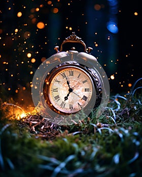 an old clock sitting in the middle of a forest