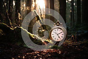 an old clock sitting in the middle of a forest