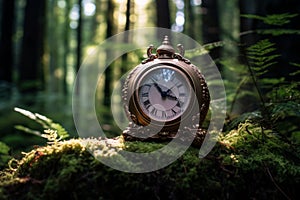 an old clock sitting in the middle of a forest