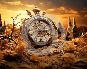 an old clock sitting on top of a pile of leaves