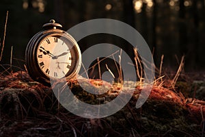an old clock sitting on top of a pile of moss