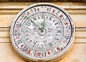 Old clock on St Paul cathedral in Mdina, Malta.