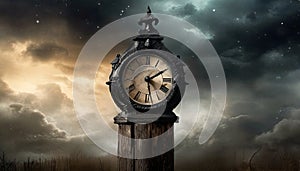 old clock with storm cloud background