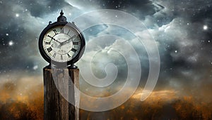 old clock with storm cloud background