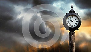 old clock with storm cloud background