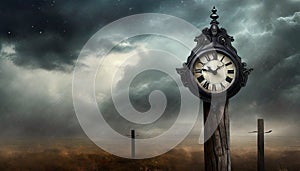 old clock with storm cloud background