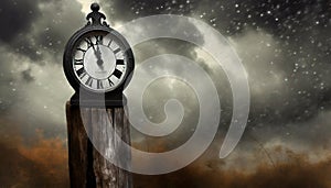 old clock with storm cloud background