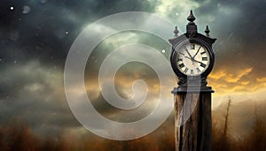 old clock with storm cloud background