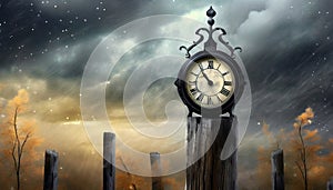 old clock with storm cloud background
