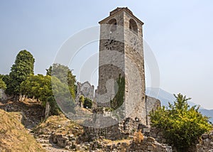 An old clock tower in an ancient fortress.