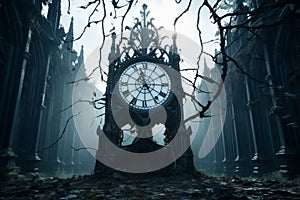 an old clock tower in the middle of a forest