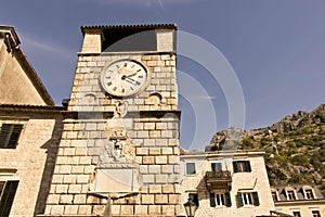 Old clock tower in the old town. Cator. Old town. Montenegro
