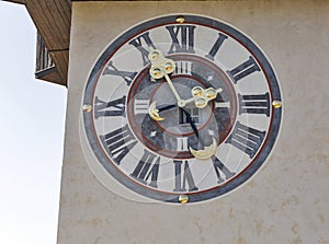 Old clock tower Uhrturm closeup in Graz, Austria