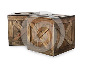 Old closed wooden crates on white