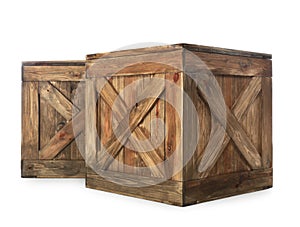 Old closed wooden crates on white photo