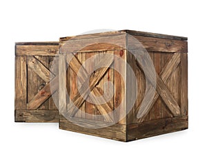 Old closed wooden crates on white