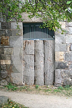 Old closed wooden door Tatev monastery (vanq), Armenia, Hayastan
