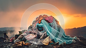 Old clothes and shoes in pile dumped on grass as waste and garbage outdoor