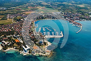 Old coastal city Umag in Croatia, aerial view. Istria, Europe