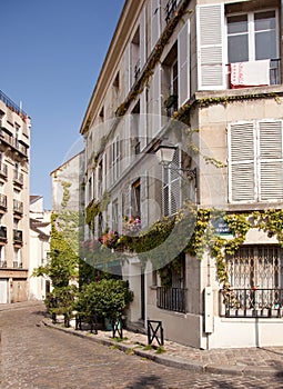 Old cobbled street in Montmartre in Paris