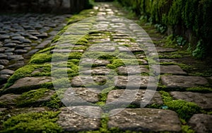 Old cobblestone pavement with green moss and grass, Generative AI