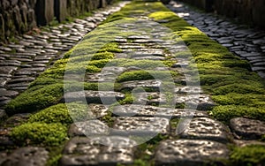 Old cobblestone pavement with green moss and grass, Generative AI