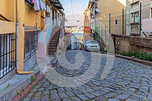 Old cobblestone street of Istanbul, Turkey, Balat district