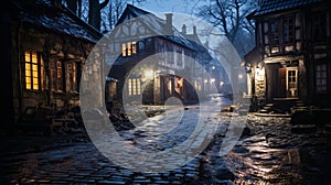 an old cobblestone street in the middle of the night
