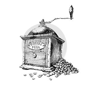 Old coffee grinder. Hand-drawn black and white illustration. Jpeg