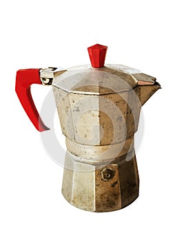 Old coffee pot with red handle isolated on white
