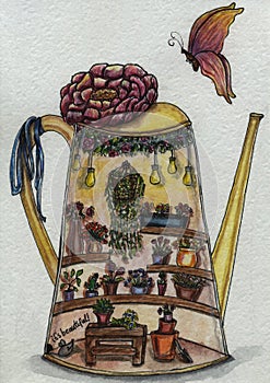 An old coffeepot with shelves and flowers in clay pots