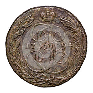 Old coin of Russia, monogram of Catherine II the Great