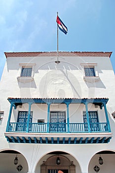 Old colonial buildings in Parque Cespedes, main public park in downtown, in Santiago de Cuba, Cuba