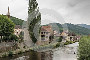 Old colored houses in city of Thann in Alsace France.