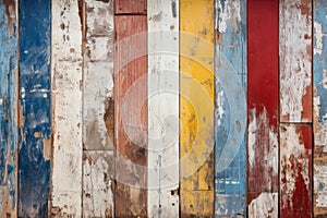 Old colored wood planks texture background, vintage damaged painted boards. Rough wooden wall, worn multicolored surface. Theme of