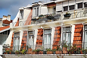 Old and colorful facade and roof in Lisbon