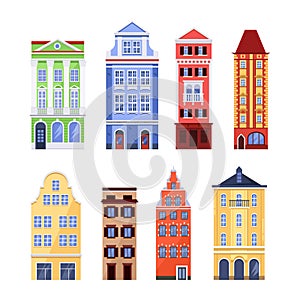 Old colorful buildings, vector flat isolated illustration. European traditional house facade. City architecture elements