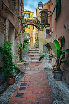 Old colorful houses decorated with flowers and green plants, France