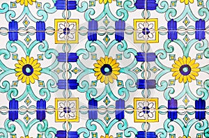 Old and colorful italian painted tiles with intere